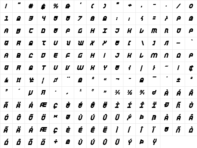 Trek Trooper Bold Italic Bold Italic  glyph index