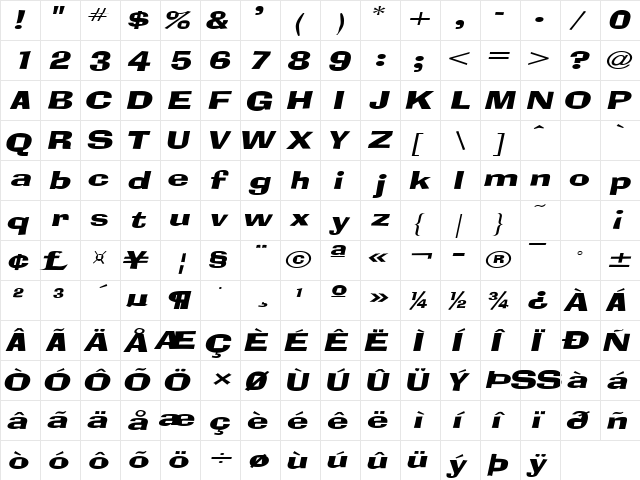 BloxExtended Italic  glyph index