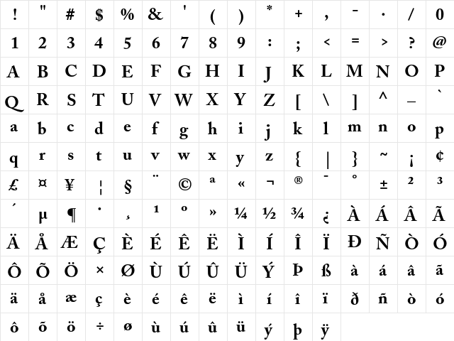 Adobe Caslon Bold  glyph index