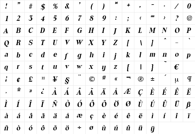 Toledo-DemiBoldIta Regular  glyph index