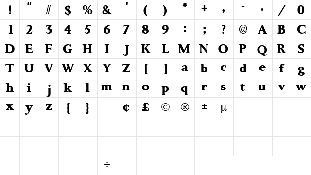 ProrenataDisplaySSK Regular  glyph index