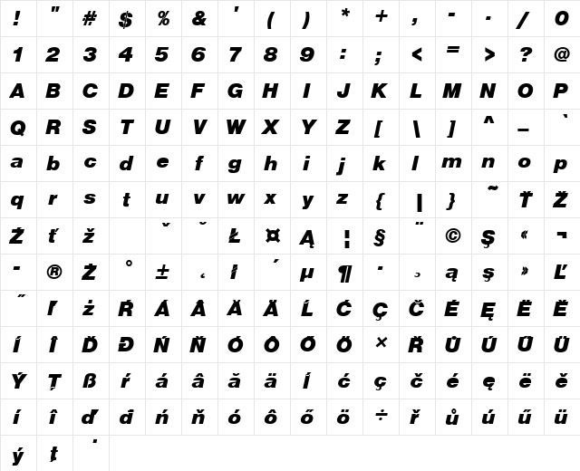 NimbusSanPEEBla Italic  glyph index