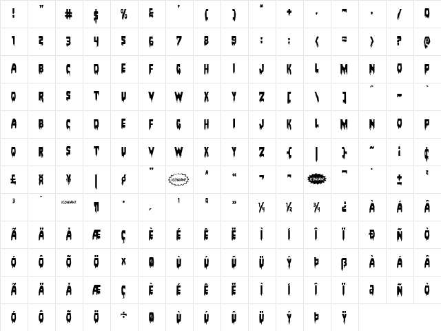 Bloodlust Regular  glyph index