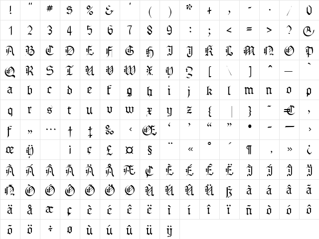 Reformator Regular  glyph index