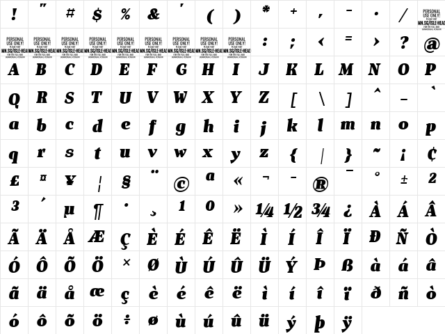 Isle Headline PERSONAL USE Black Italic  glyph index