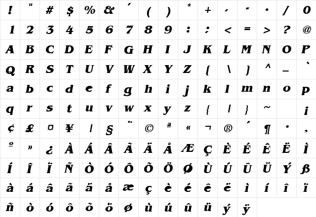 Benquad Bold-Oblique  glyph index