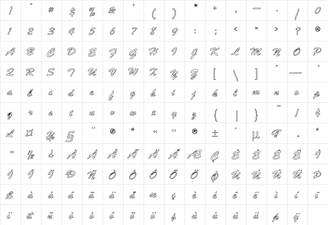 Brush Ho Regular  glyph index