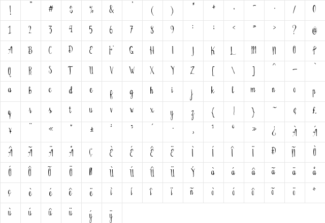 Bellanie Script Regular  glyph index