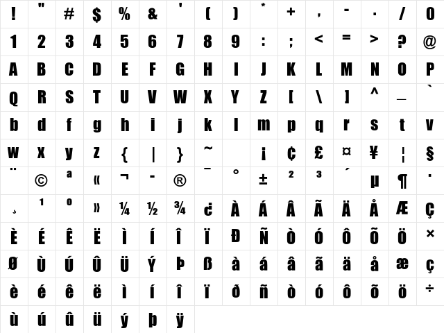 Impact MT Std Regular  glyph index