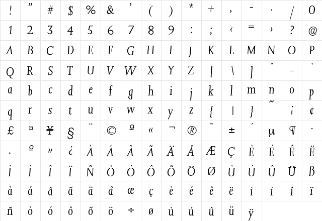 Jessica-LightIta Regular  glyph index