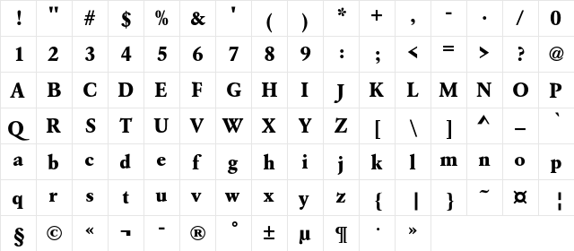 AZGaramondExtraBoldC Regular  glyph index