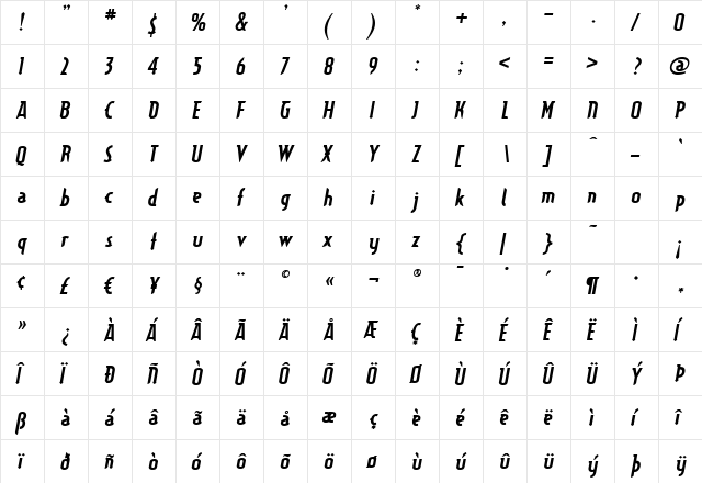 Typographiction2.1 B.I Regular  glyph index