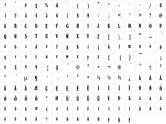 Windsor Elongated Regular  glyph index
