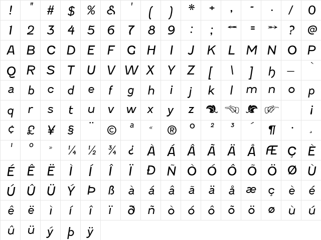 Fenwick Light Italic  glyph index