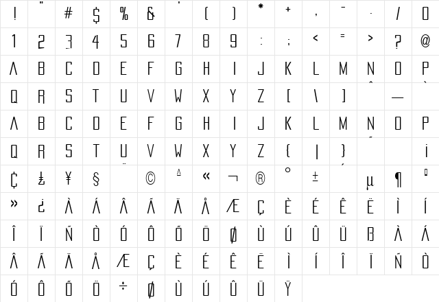 PacificaCondensed Medium  glyph index