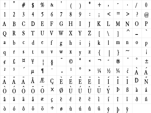 Elephant Condensed Bold  glyph index