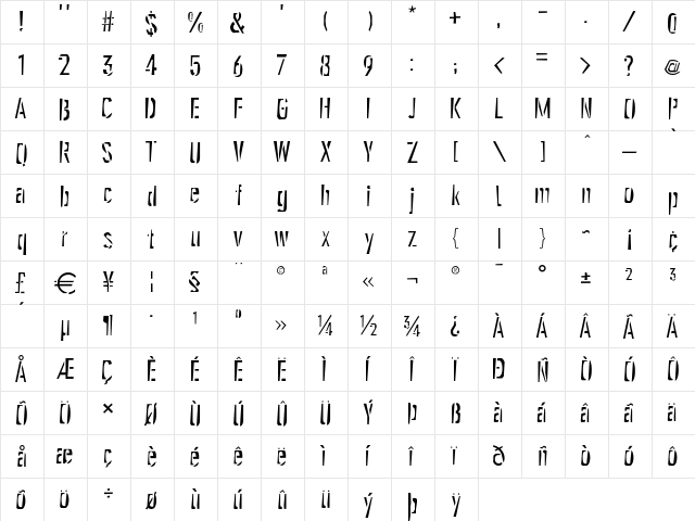 Gen Stencil  glyph index