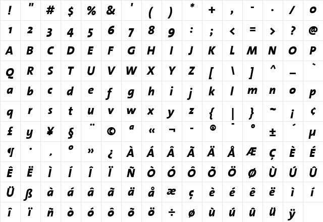 The Sans Extra Bold- ExtraBold Italic  glyph index