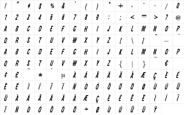 Carrousel Regular  glyph index