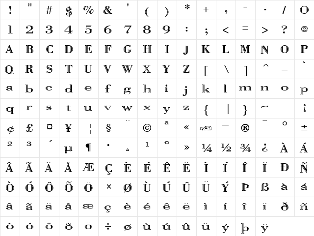Vangard Open Regular  glyph index