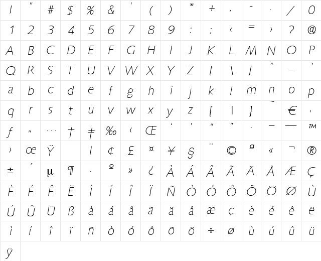 Saxony-XlightIta Regular  glyph index