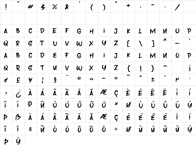 Saber Brush Regular  glyph index