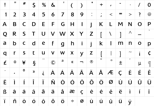 ExtensionBook Roman  glyph index