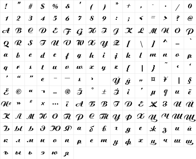 Boyarsky Bold Italic  glyph index