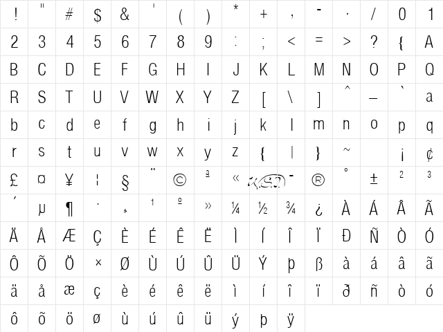 Arena Condensed Light Regular  glyph index