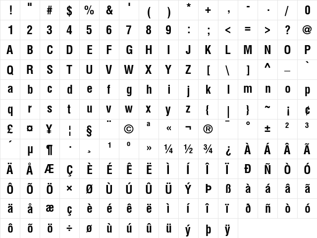 Helvetica Condensed Bold  glyph index