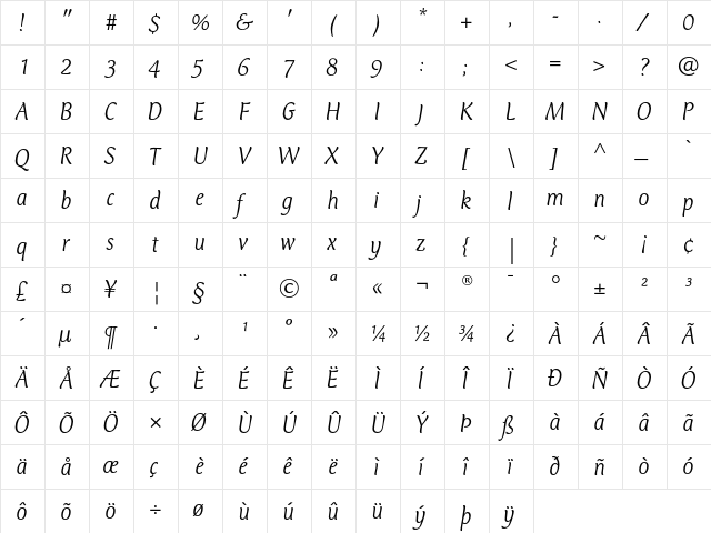 Club Type Mercurius Light Italic  glyph index