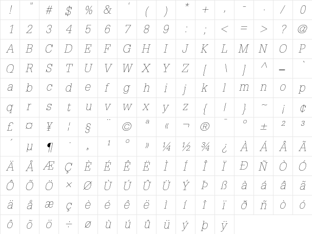 Glypha 35 Thin Oblique  glyph index