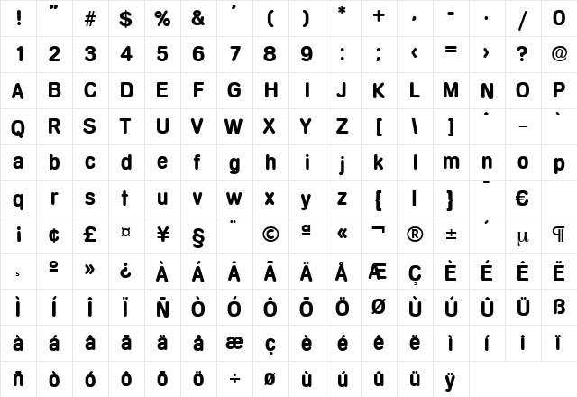 Mercedes-Bold Regular  glyph index