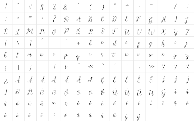 Artilla Script Regular  glyph index