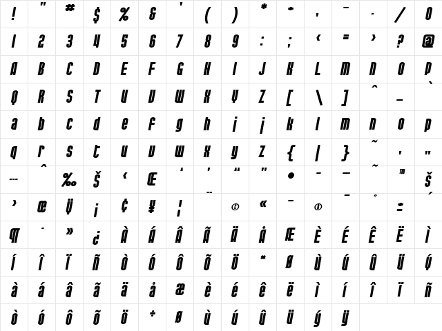 SF Port McKenzie Extended Bold Italic  glyph index