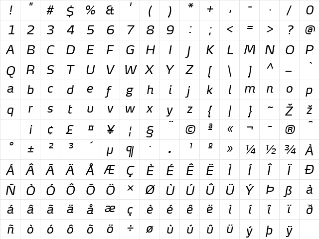 MaxDemiSerifTF-RegularItalic Regular  glyph index