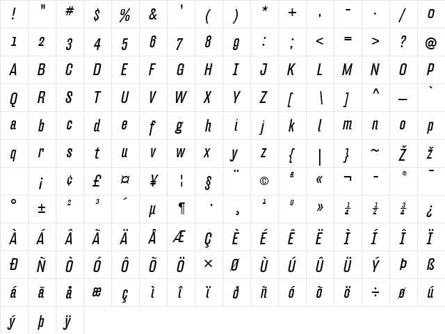 Hydra-BookItalic Regular  glyph index