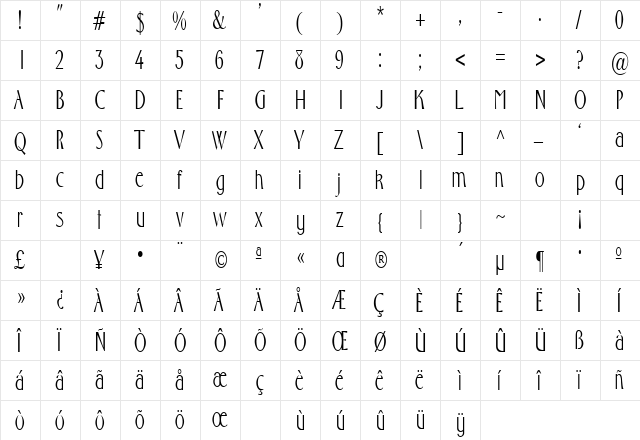 GabrielCondensed Regular  glyph index