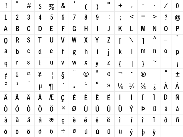News Gothic MT Std Bold Cond  glyph index