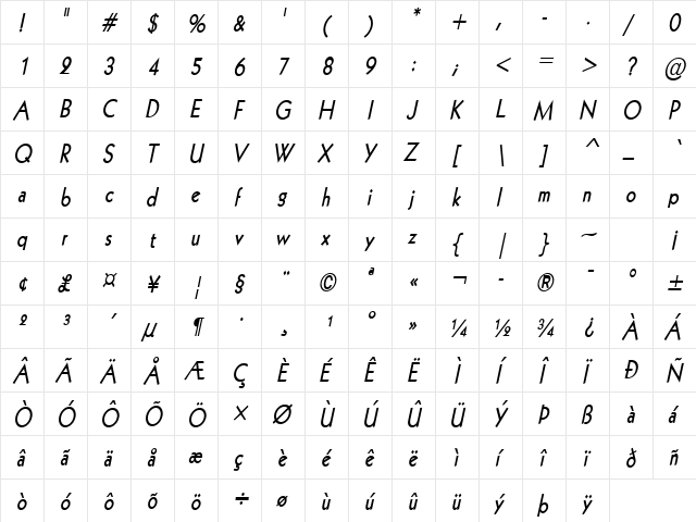 Geo 112-Condensed Bold Italic  glyph index