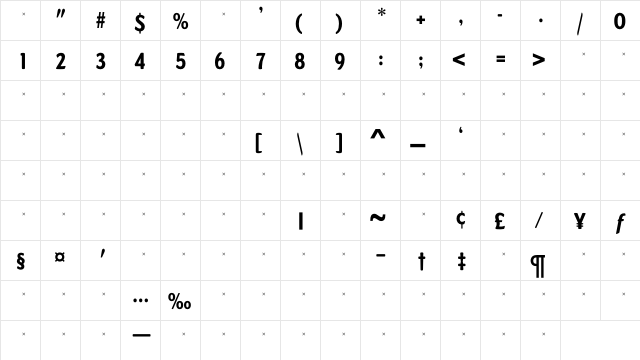 DundeeExtraBoldCondTab Regular  glyph index