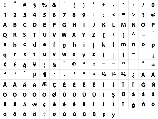 STVMyriad Bold  glyph index