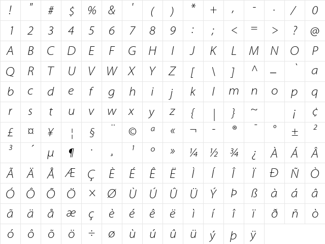 Myriad Pro Light SemiExtended Italic  glyph index