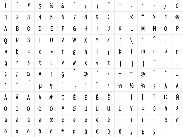 Matterhorn-Condensed Bold  glyph index