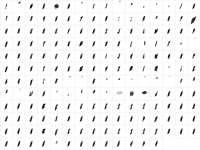 Galaxy Force Condensed Italic Condensed Italic  glyph index