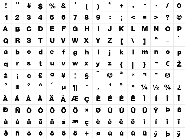 HelveticaNeue LT 65 Medium Bold  glyph index