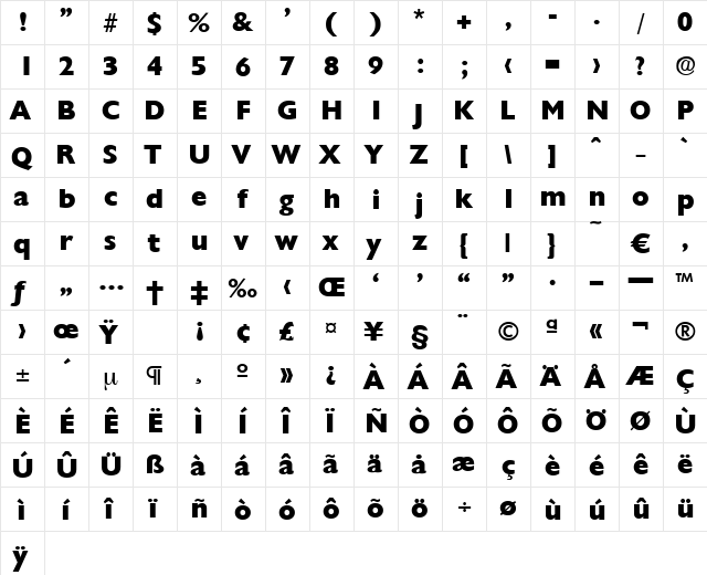 Chantilly-ExtraBold Regular  glyph index