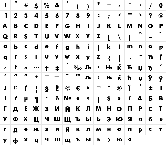 FuturisXC Regular  glyph index