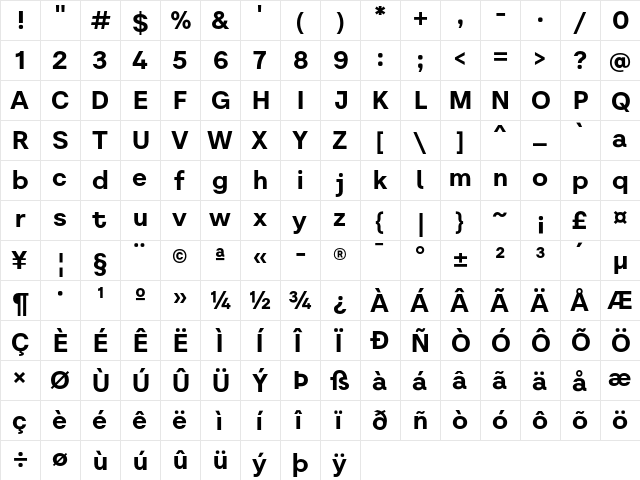 Literal Bold  glyph index