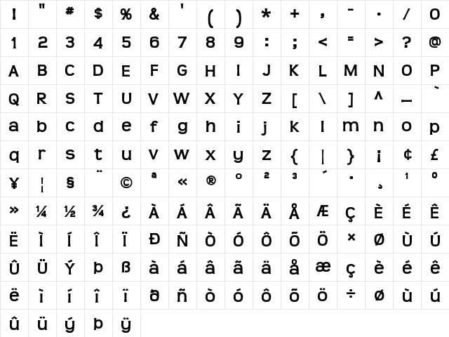 Teen Bold  glyph index